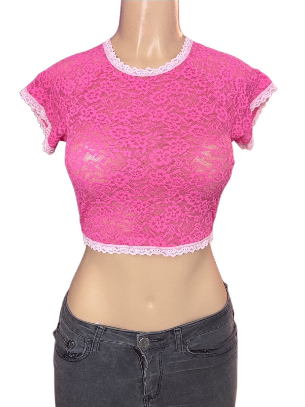 Victoria’s Secret Hot Pink Lace Crop Top w/ Light Pink Trim- Size Small